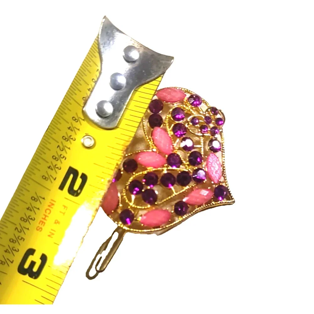 Hair Barrette Heart Pink Purple Rhinestone Gold Tone